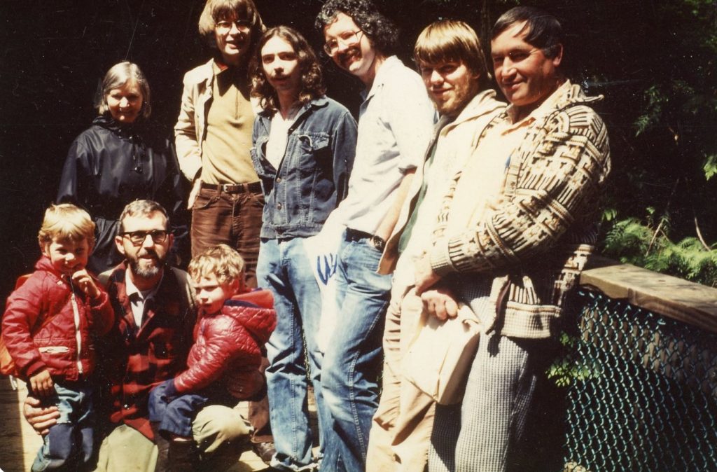 Circa 1980. Left to right: Dick Fraser & sons. Helene & Ole Juul, Paul Kroeger, UBC students Andy MacKinnon and Keith Siefert, Les Wigglesworth. (Photo: A. McKinnon) (photo: Kitsy Fraser) 